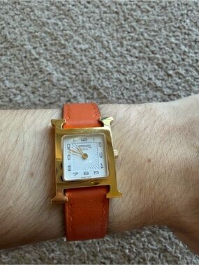 Hermes Orange Leather Strap Gold Heure H Watch